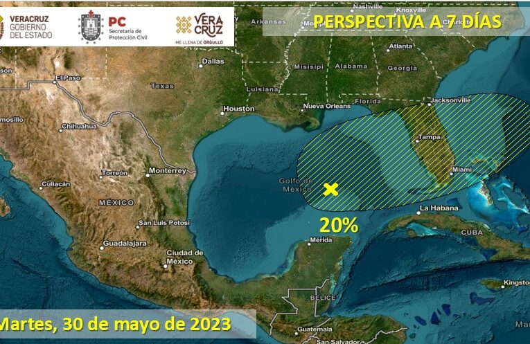 Una amplia área de tormentas desorganizadas se asocia con un sistema de baja presión centrado al norte de Yucatán, el cual presenta probabilidades de 10 y 20% para su desarrollo como un ciclón tropical con nombre en los siguientes 2 y 7 días respectivamente.