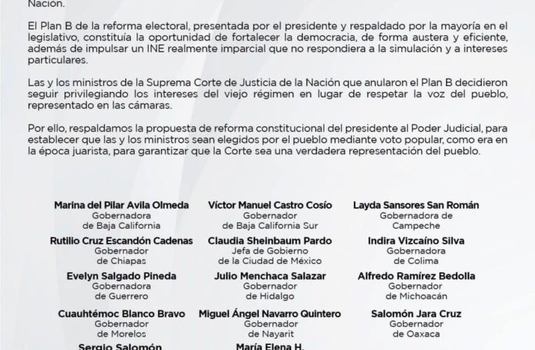 Las gobernadoras, gobernadores y jefa de gobierno de la Cuarta Transformación manifestamos nuestro desacuerdo con la anulación del Plan B por parte de la Suprema Corte de Justicia de la Nación.